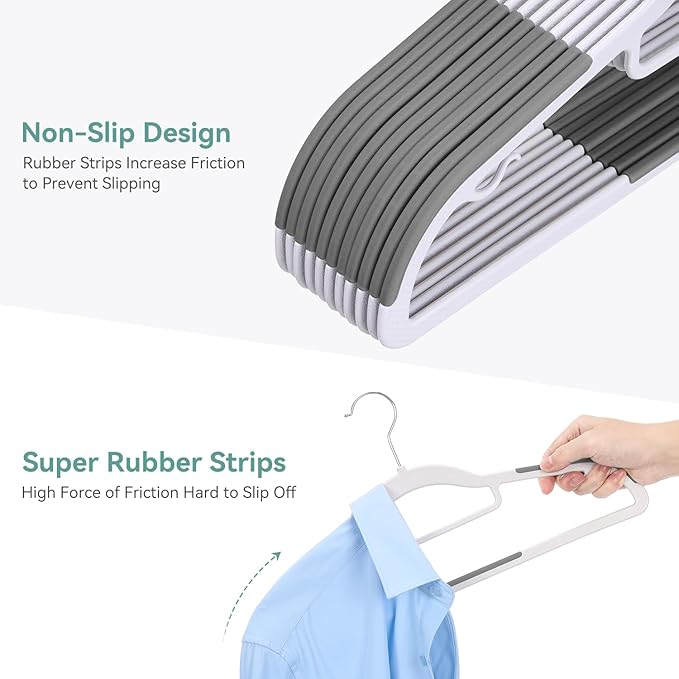 50 Pack Non-Slip Plastic Hangers with Tie Rack, Slim Space-Saving Clothes Hangers – Heavy Duty Plastic Hangers for Suit, Shirts, Pants, Dorms & Home Organization, White and Dark Gray