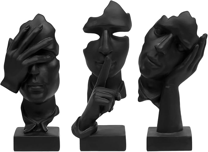 aboxoo Large Size 3 Pcs Thinker Statue, Silence is Gold, See No Evil Hear No Evil Speak No Evil Statues, Modern Resin Sculptures Decor for Living Room Home, Office, Study (Black)