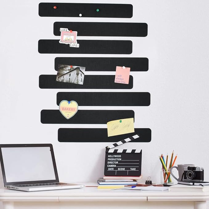 Vuzvuv 8 pcs Bulletin Board Bar Strips with 50 Pushpins & 10 Wooden Clip pins，Self Adhesive Cork Board for Wall，Felt Pin Board for School，Office Decor(Black)