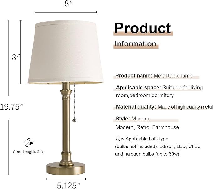 Oneach 19.5” Warm Gold Table Lamps Set of 2, Pull Chain Switch Bedside Table Lamps, Modern Nightstand Lamp with Linen Shade, Small Desk Lamp for Living Room, Bedroom, Home Office, Nursery