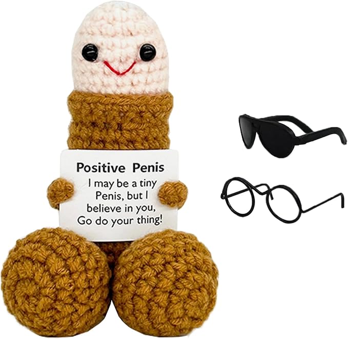 Emotional Support Crochet Figurine with Accessories, Handmade Knitted Character with Glasses & Sunglasses, Positive Message Gift, Desk Decor, Office Ornament & Novelty Present