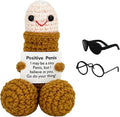 Emotional Support Crochet Figurine with Accessories, Handmade Knitted Character with Glasses & Sunglasses, Positive Message Gift, Desk Decor, Office Ornament & Novelty Present