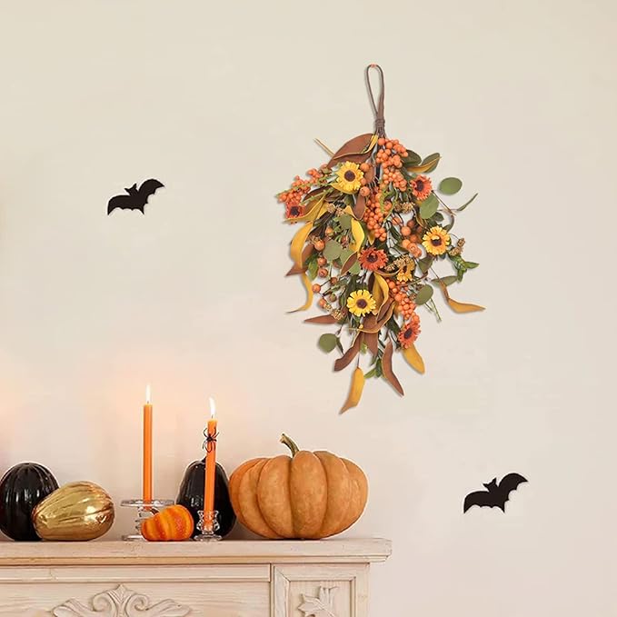 20 Inch Fall Harvest Swag, Artificial Fall Maple Swag Autumn Thanksgiving Day Halloween Decorative Teardrop, Halloween Wall Door Decor Sunflower Berry Fake Wreath (#2)