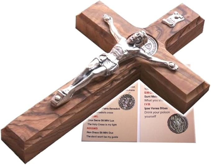 Holy Land Market Saint Benedict Wall Crucifix - Handmade Olive Wood Cross, Silver Tone Corpus, Catholic Home Decor, 12 Inches