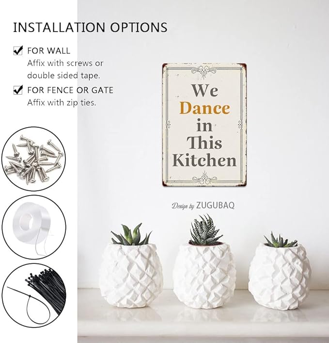 Funny Farmhouse Kitchen Signs - Personalized Metal Sign - Retro Counter Accessory - 12x8 Inch Hanging Plaque - We Dance In This Kitchen