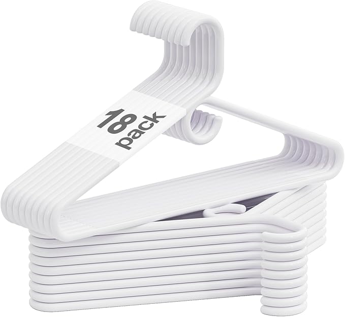 White Plastic Hangers 18 Pack, Heavy Duty Clothes Hangers for Standard Size Hangers with Center Hook & Non-Slip Pants Bar for Shirts, Pants, Coat, Dresses, Jackets, Scarves and Belts