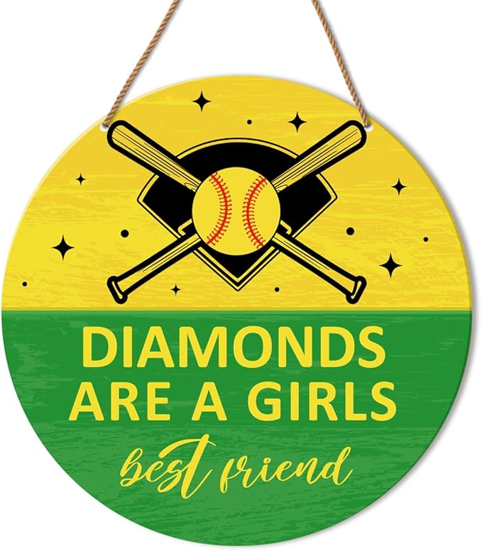 HSNBT Softball Decor for Girls Bedroom, Softball Sign Decor for Home Front Door Bedroom Porch Sport Wall Hanging Signs Decorations Gift for Softball Player Girl, Diamonds Are a Girls Best Friend