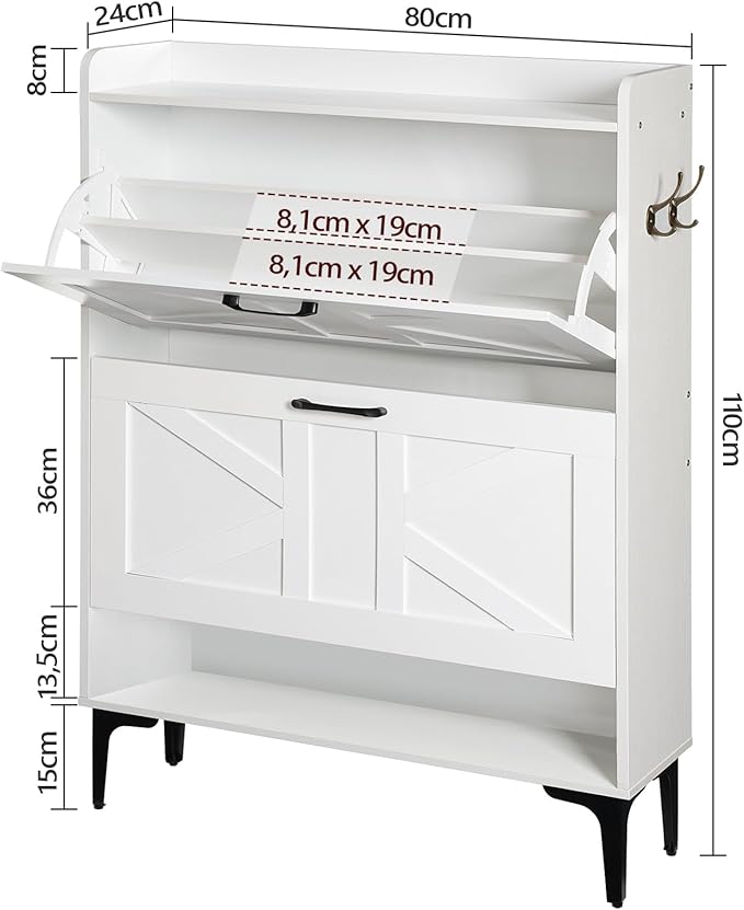 Shoe Storage Cabinet, Shoe Organizer with 2 Flip Drawers, Hidden Shoe Storage for Entryway, Freestanding Organizer with Open Storages, White SHWT9401