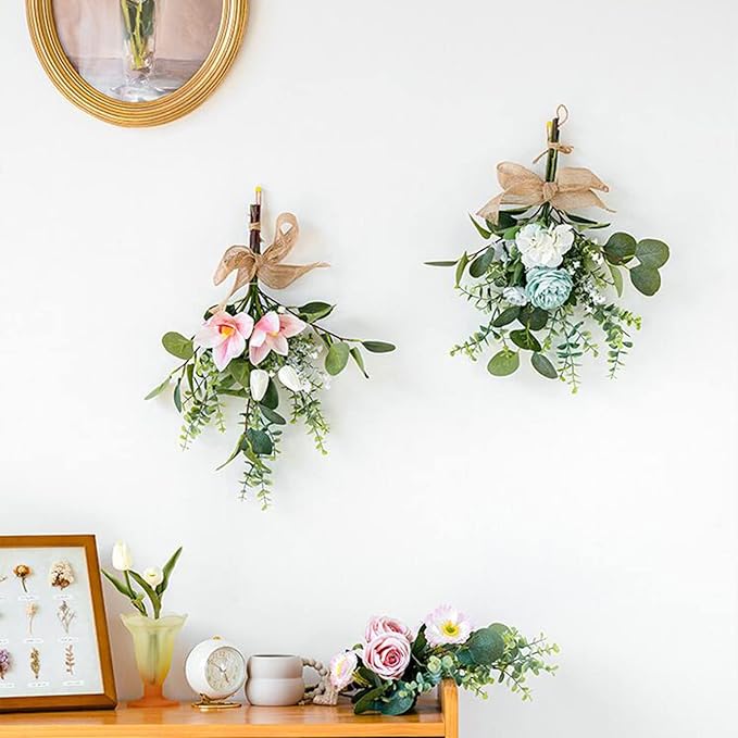 Artificial Teardrop Wreath, 17inch Decorative Swag with Flower and Eucalyptus Leaves, Hanging Simulation Flowers Bouquet, Spring Summer Wall Swag for Wedding Arch Wall Decor(#5)
