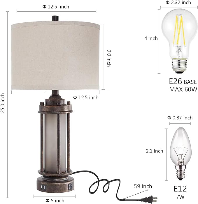 Set of 2 Farmhouse Lamps for Living Room, Rustic Vintage Bedroom Nightstand Table Lamp with 2 USB Charging Ports, Built-In Frosted Glass Night Light for End Table Entryway, 4 Bulbs Included (Bronze)