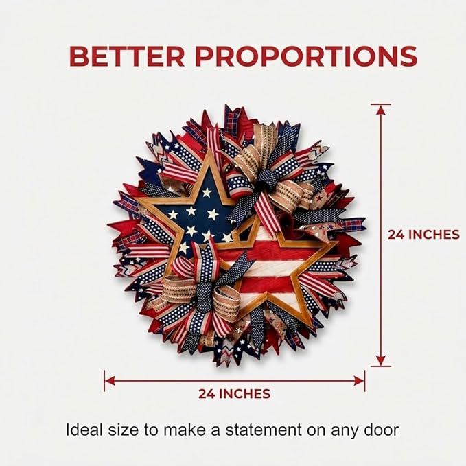 Patriotic Wreaths for Front Door, 250 Anniversary Wreath 4th of Red White and Blue Wreath, Memorial Day Flag Wreaths for Indoor Outdoor Porch Decory Holiday Decorative (#B)