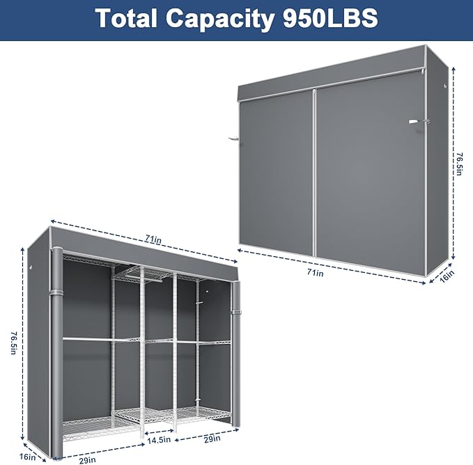 Ulif E12C Pro Heavy Duty Closet Organizer System，Freestanding Clothing Racks for Hanging Clothes，Adjustable Garment Rack 71"W x 16"D x 76.5"H Hold 960lbs，White Clothing Rack with Grey Dustproof Cover