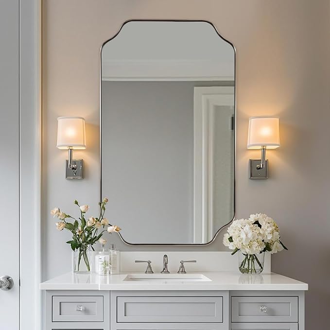 ANDY STAR 24x40 Inch Rectangle Bathroom Mirror, Brushed Nickel Scalloped Bathroom Mirror, Silver Bathroom Vanity Mirror, Unique Mirror in Rust-Proof Stainless Steel Frame (Horizontal/Vertical)