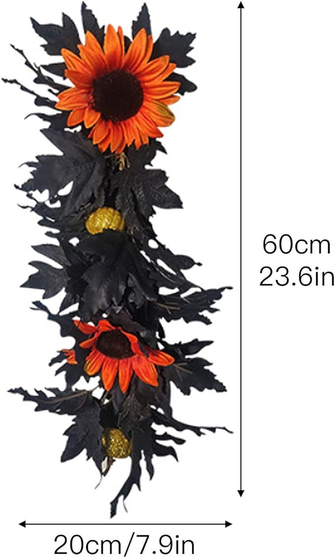 Artificial Rose Flower Swag,Artificial Sunflower Swag, 24 Inch Decorative Swag with Pumpkins Berries and Black Leaves for Halloween Home Front Door Lintel Wedding Arch Party Tabletop Wall Decor(#3)