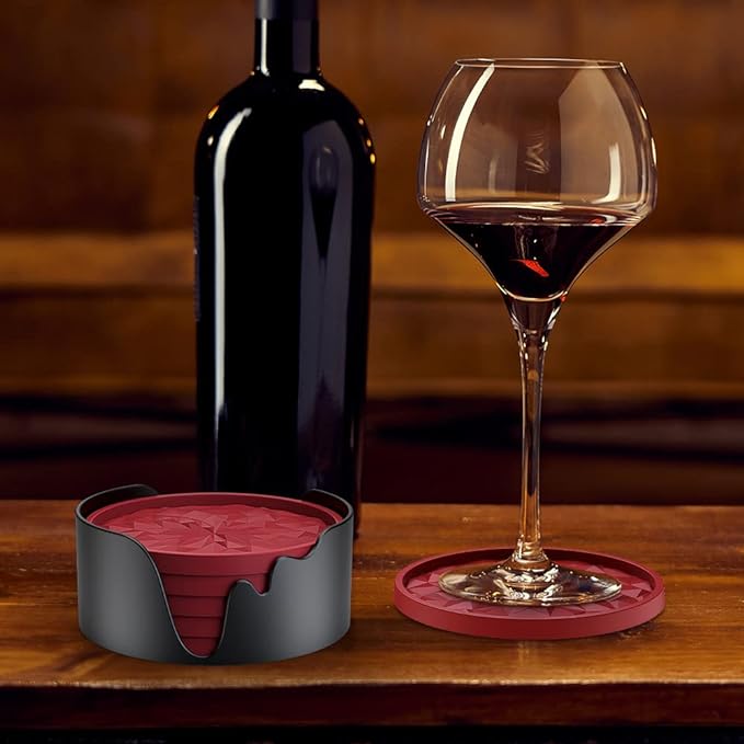 ME.FAN Silicone Coasters with Holder,[6 Pack] Drinking Coasters - Cup Mat for Hot or Cold Drinks, Thickened, Non-Slip, Non-stick,Deep Tray Red