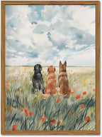 Framed Dog Canvas Wall Art, Cute Three Dogs in Flower Field Pictures Wall Decor, Rustic Farmhouse Animal Nature Paintings Prints Home Decor for Living Room Bedroom Bathroom 12x16 inch