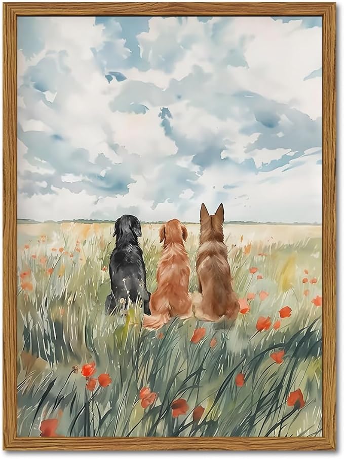 Framed Dog Canvas Wall Art, Cute Three Dogs in Flower Field Pictures Wall Decor, Rustic Farmhouse Animal Nature Paintings Prints Home Decor for Living Room Bedroom Bathroom 12x16 inch