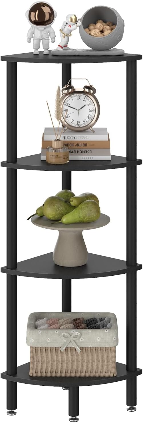 IBUYKE 4 Tier Corner Shelf Stand,Industrial Corner Display Rack,Corner Bookshelf for Living Room, Bedroom, Kitchen, Home Office, Black WBC014B