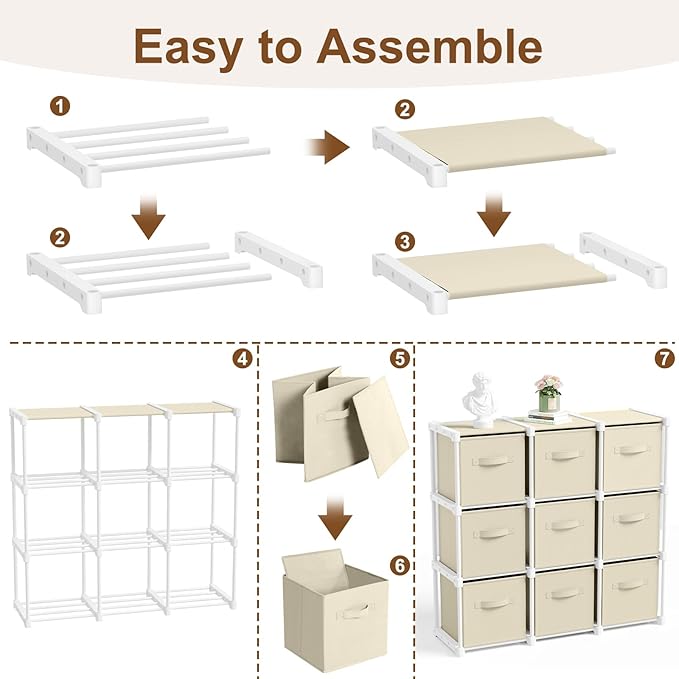 9 Cube Storage Organizer with Shelf Back to School Boxes 11 Inch Toy Storage Bins Closet Organizers Drawers Fabric Dresser for Playroom Books Bedroom Dorm Kitchen (Creamy White)