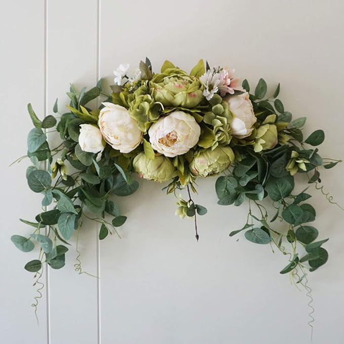 BFYDOAA 30 Inch Wedding Arch Flowers,Decorative Swag Artificial Floral Swag for Lintel, Green Leaves Rose Peony Sunflowers Door Wreath Home Decoration