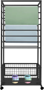 16-Layer Scarf Display Stand, Rolling Scarf Organizer Holder Hanging Rack with Wheels & Storage Basket for Retail Store Boutique Display Bedroom, W26.5*D16.9*H59in (Black)
