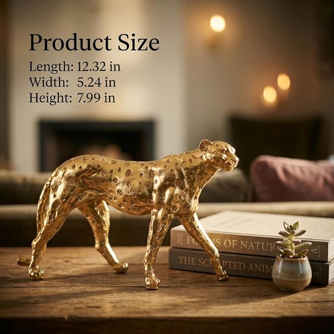Gold Cheetah Statue Home Decor Modern Resin Leopard Sculpture Geometric Animal Figurine for Living Room Office Tabletop Centerpiece, Large 12.4"