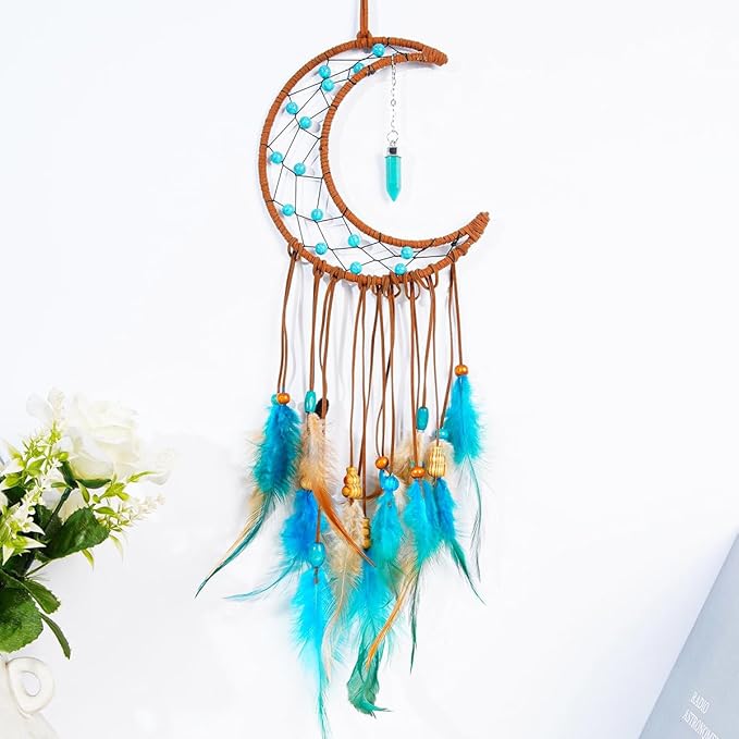 MEXIDAWN DIY Feather Dream Catcher Kits Turquoise Wall Hanging Boho Decor Handmade Dream Catcher for Adults, Moon