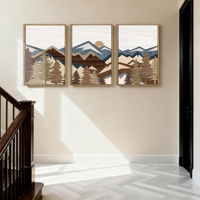 BINCUE Large Mountain Wall Art Vintage Mountains Wall Decor Framed Landscape Artwork Rustic Mountain Art Prints Farmhouse Landscape Wall Pictures for Living Room Bedroom Office Farmhouse 16x24 Inch Set of 3