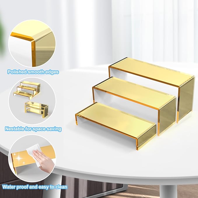 6 PCs Risers Display Stands 3 Tiers Desktop Acrylic Shelves Cake Dessert Holder Products Stand for Collectibles Shoes Jewels Pop Figure (Golden)