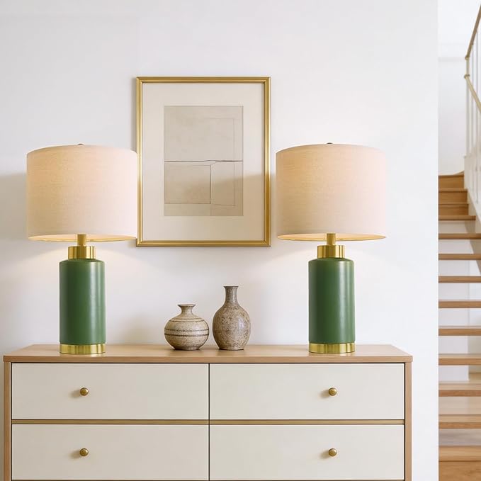 USumkky 25" Green Ceramic Table Lamp Set of 2, Modern Mid-Century Bedside Nightstand Lamps for Bedroom Living Room, Linen Shade & Gold Metal Base, Rotary Switch E26 (Bulbs Excluded)