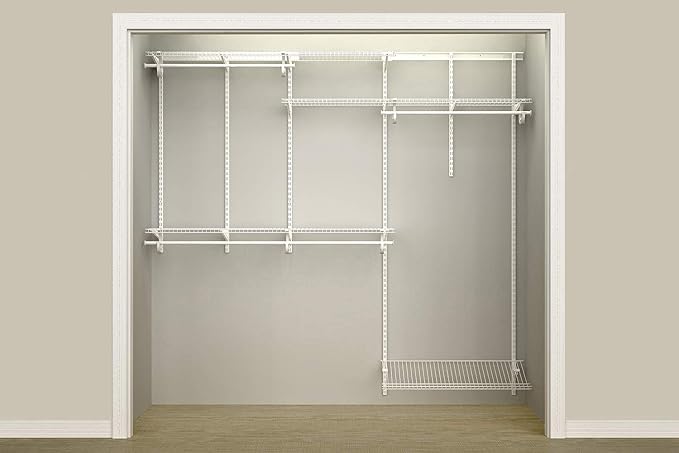 ClosetMaid ShelfTrack Wire Closet Organizer System, Adjustable from 5 to 8 Ft., with Shelves, Clothes Rods, Shoe Shelf, Hardware, Durable Steel, White