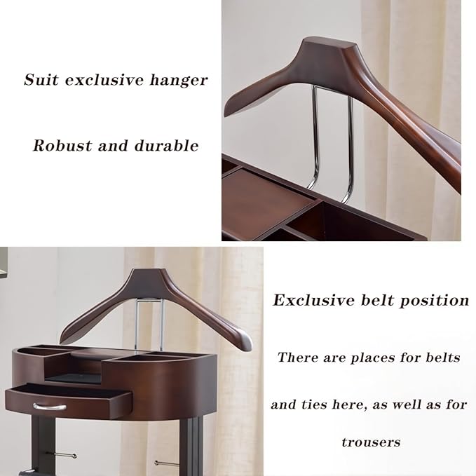 Wooden Suit Valet Stand with Drawer, Top Tray Freestanding Suit Stand with Contour Hanger, Trouser Bar, Tie & Belt Hooks Clothing Rack for Entryway Office Living Room(Standing Brown)