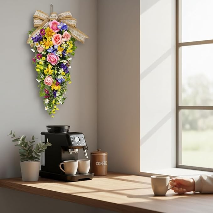 24 Inch Pre-lit Spring Summer Teardrop Swag for Front Door Battery Operated with Timer Rustic Country Decor with Roses Daisies Wildflower Burlap & Lace Bow for Farmhouse Home Decor
