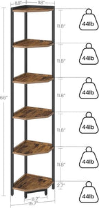 Hzuaneri Corner Shelf Stand, Corner Bookshelf, Storage Standing Shelf Unit with Metal Frame, Plant Stand, Bookcase for Living Room, Home Office, Bedroom, 6-Tier Rustic Brown CS06001B
