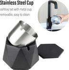 FREELOVE Concrete Ashtray with Lid & Stainless Steel Ashtrays for Cigarettes, Cement Ash Tray Smoking Holder Indoor Smokeless Outdoor Windproof Patio Home Office Cool Decor(Black, Large)