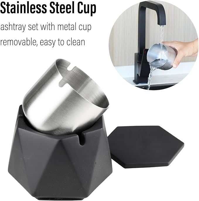 FREELOVE Concrete Ashtray with Lid & Stainless Steel Ashtrays for Cigarettes, Cement Ash Tray Smoking Holder Indoor Smokeless Outdoor Windproof Patio Home Office Cool Decor(Black, Large)