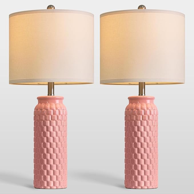 USumkky 27" Ceramic Table Lamps Set of 2 - Modern Farmhouse & Boho Style, Bedside Nightstand Lamps for Bedroom, Living Room End Table Lamps, Small Desk Lamp(Pink)
