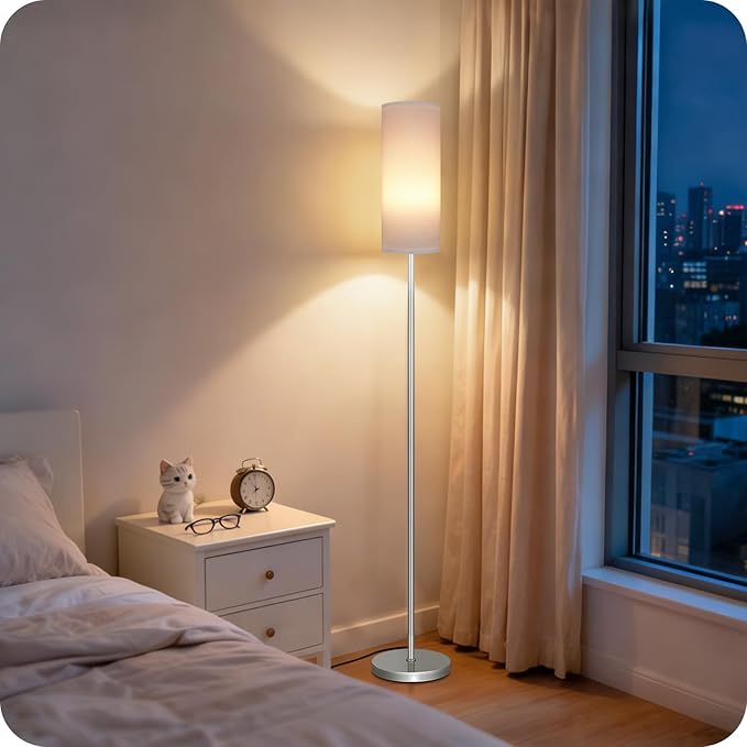 Dimmable Floor Lamps for Living Room with Remote and Foot Switch, 64.4” Modern Standing Tall Lamp, Corner Lamp for Bedroom, Office, Bulb Included, 3000K-6500K, White and Silver, FCC Listed SCW06LD05W1