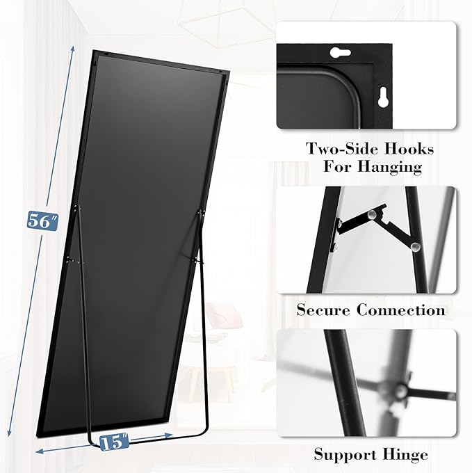 DUMOS 56"x15" Full Length Mirror, Full Body Mirror with Aluminum Alloy Thin Frame, Standing Mirrors with Leaning or Hanging, Suitable for Bedroom, Livingroom, Cloakroom, Black