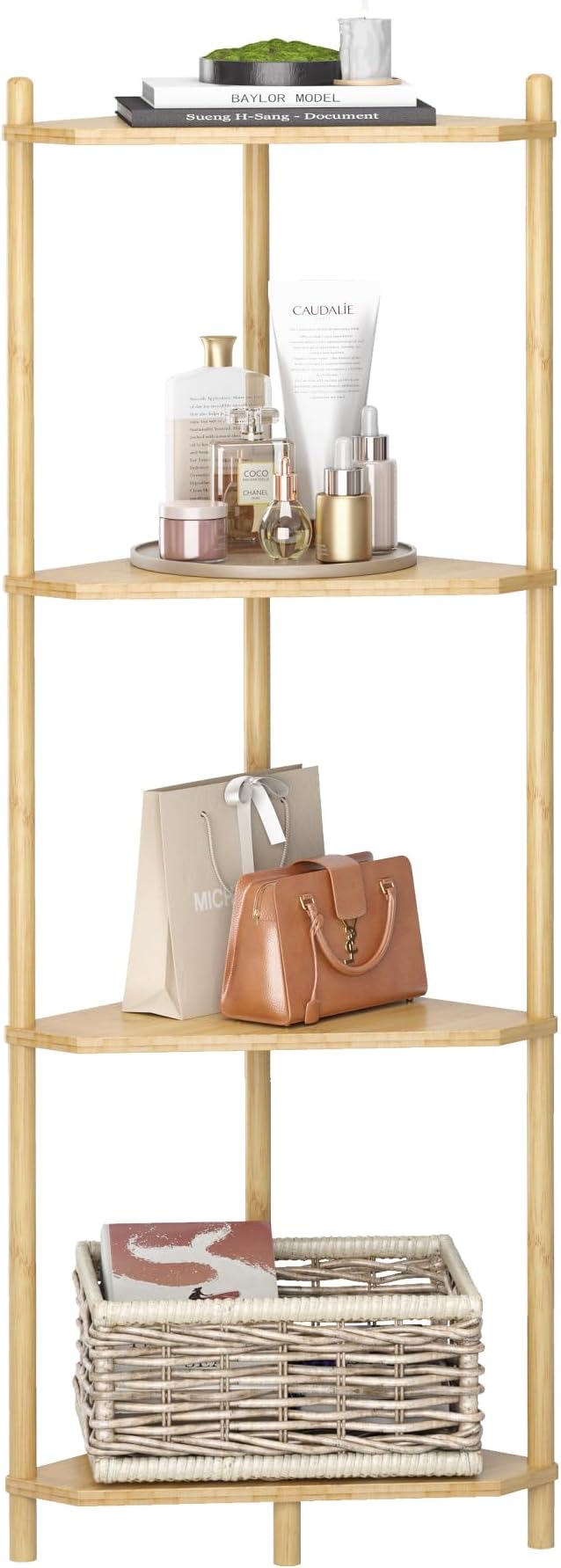 Wisuce Corner Shelf Stand - 4 Tier Bamboo Small Corner Bookshelf for Office Kitchen Bedroom Plant Stand Living Room Decor Small Space (Nature)