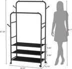 Furologee Clothes Racks for Hanging Clothes, Double Rods Clothing Rack with 3-Tier Storage Shelves, Rolling Garment Wardrobe with Wheels, Portable Free Standing Closet for Bedroom, Laundry Room, Black