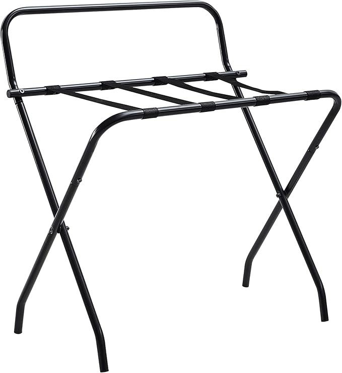 Kings Brand Furniture - Metal Foldable Luggage Rack, Suitcase Stand with Back, Black