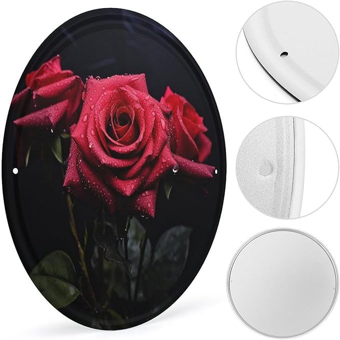 Wall Picture, with Red Rose and Black Leaves Printed Circular Iron Hanging Picture,Wall Art Decor,Home for Bedroom Living Room Bathroom Decor,Iron Painting 11.8X11.8 in