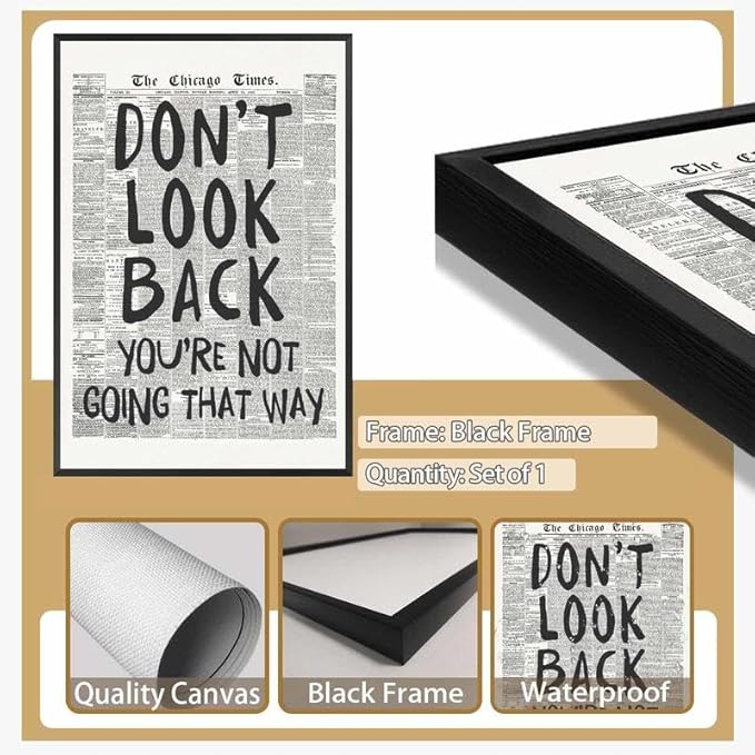 Framed Retro Newspaper Wall Art Trendy Black and White Poster Dont Look Back Inspirational Quote Posters Positive Motivational Affirmation Canvas Print Preppy Aesthetic Office Bedroom Decor 8x12inch