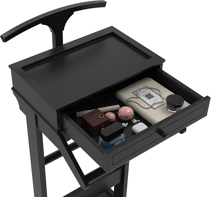 Brefhome Mens Valet Stand with Drawer & Tray, Wooden Clothing Rack for Men Women, Modern Garment Rack for Entryway, Bedroom, Black (Tray + Drawer)