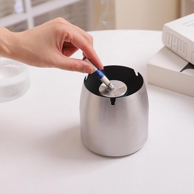 Large Ashtray with Lid for Cigarette, Stainless Steel Smokeless Odorless Windproof Ash tray for Home Office Tabletop Outside Patio Outdoor Balcony(3.93"x3.2"x3.82")