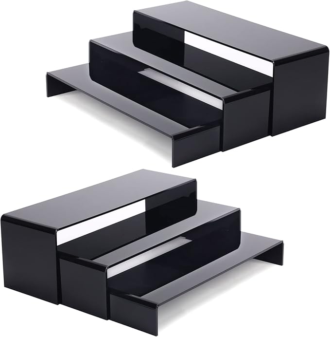 ANDGOO 6Pcs Large Acrylic Risers, 2 Set(11.2”L~11.6”L~12”L) Black Rectangular Showcase Collectibles Display Shelf, Retail Desktop Display Stand for Organize and Decoration