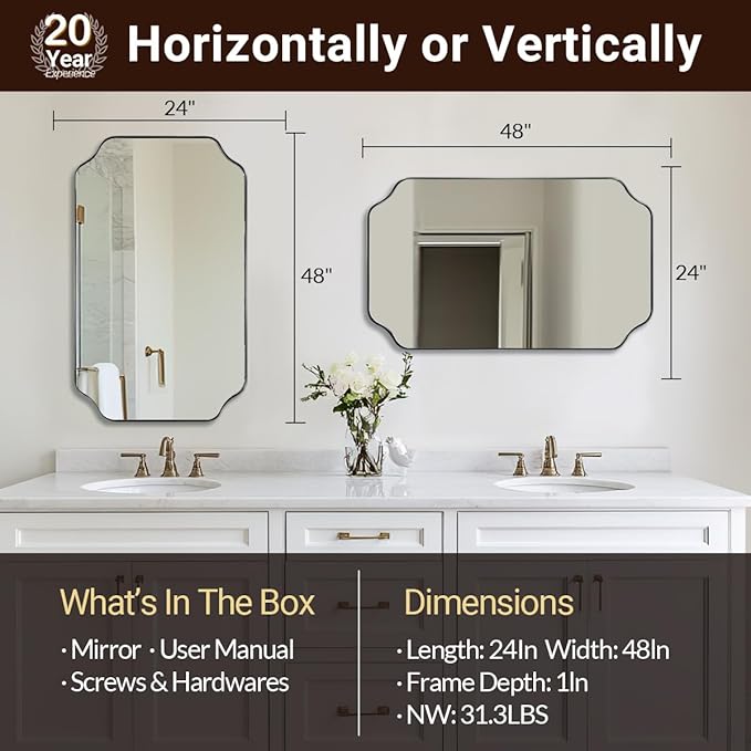 ANDY STAR 24"x48" Large Bathroom Mirror, Chrome Scalloped Wall Mirror, Polished Nickel Rectangle Mirror, Bathroom Vanity Mirror in Anti-Rust Stainless Steel Metal Frame, Vertically/Horizontally