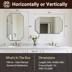 ANDY STAR 24"x48" Large Bathroom Mirror, Chrome Scalloped Wall Mirror, Polished Nickel Rectangle Mirror, Bathroom Vanity Mirror in Anti-Rust Stainless Steel Metal Frame, Vertically/Horizontally