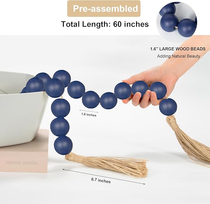 OMISHE 60" Long Extra Large Wood Bead Garland in Navy Blue with 1.6" Diameter Wooden Beads and Tassels, Rustic Farmhouse Country Decorative Beads for Home Decor, Navy Blue